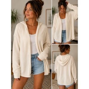 Georgiou 100% Merino Wool Hooded‎ Open Front Cardigan Sweater M Cream Ivory